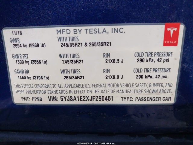 Продаж на аукціоні авто 2018 Tesla Model S 100d/75d/p100d, vin: 5YJSA1E2XJF290451, номер лоту: 45820914