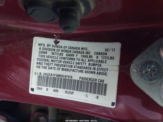 Aukcja sprzedaży 2011 Honda Civic Lx, vin: 2HGFA1F58BH547419, numer aukcji: 45820925