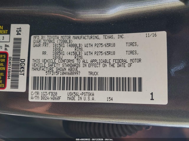 45820932 :رقم المزاد ، 5TFDY5F10HX608997 vin ، 2017 Toyota Tundra Sr5 5.7l V8 مزاد بيع