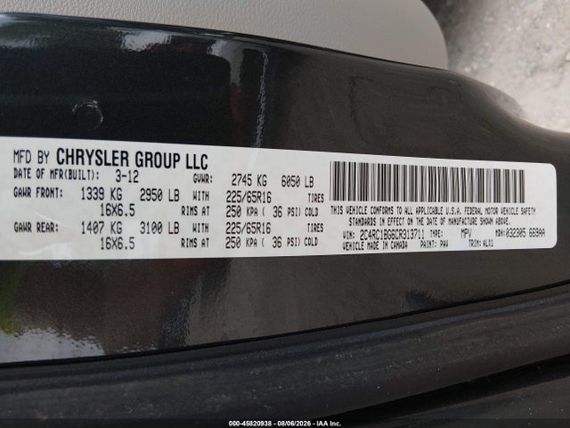 45820938 :رقم المزاد ، 2C4RC1BG6CR313711 vin ، 2012 Chrysler Town & Country Touring مزاد بيع