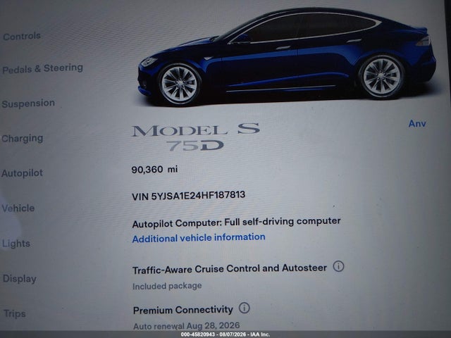 45820943 :رقم المزاد ، 5YJSA1E24HF187813 vin ، 2017 Tesla Model S 100d/60d/75d/90d/p100d مزاد بيع