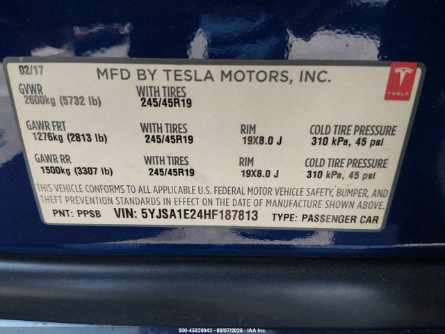 45820943 :رقم المزاد ، 5YJSA1E24HF187813 vin ، 2017 Tesla Model S 100d/60d/75d/90d/p100d مزاد بيع