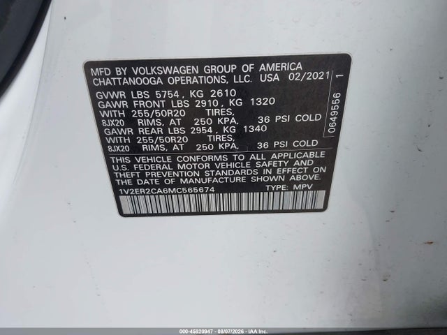 45820947 :رقم المزاد ، 1V2ER2CA6MC565674 vin ، 2021 Volkswagen Atlas 3.6l V6 Sel مزاد بيع