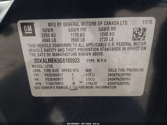 2016 Gmc Terrain Sle-1 მანქანა იყიდება აუქციონზე, vin: 2GKALMEK9G6180923, აუქციონის ნომერი: 45820951