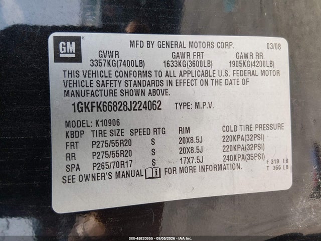2008 Gmc Yukon Xl 1500 Denali მანქანა იყიდება აუქციონზე, vin: 1GKFK66828J224062, აუქციონის ნომერი: 45820955