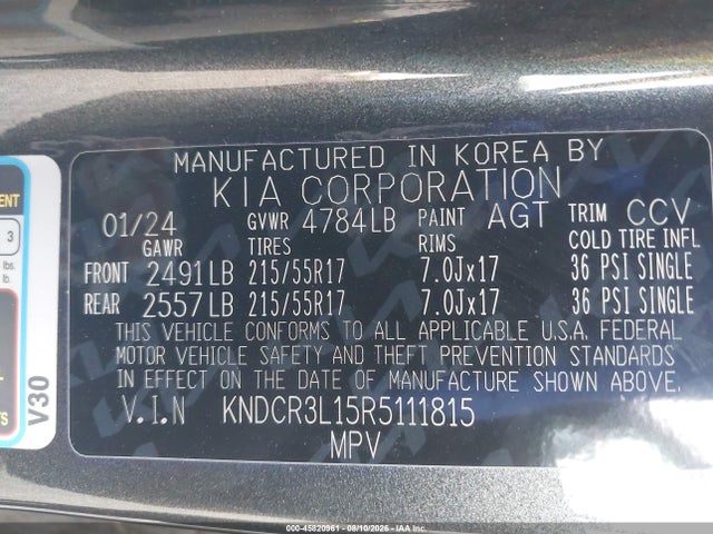 2024 Kia Niro Ev Wind მანქანა იყიდება აუქციონზე, vin: KNDCR3L15R5111815, აუქციონის ნომერი: 45820961
