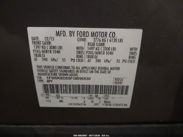 Продаж на аукціоні авто 2015 Ford Explorer Xlt, vin: 1FM5K8D85FGB96530, номер лоту: 45820967