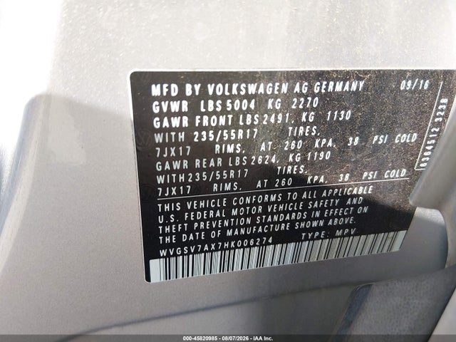 Продажа на аукционе авто 2017 Volkswagen Tiguan 2.0t Wolfsburg Edition, vin: WVGSV7AX7HK006274, номер лота: 45820985