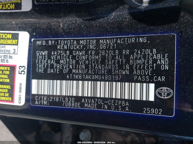 4T1K61AKXMU480197 Toyota CAMRY XSE
