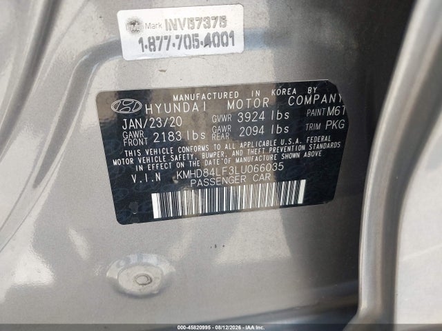 Продажа на аукционе авто 2020 Hyundai Elantra Sel, vin: KMHD84LF3LU066035, номер лота: 45820995