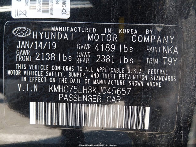 KMHC75LH3KU045657 Hyundai IONIQ ELECTRIC
