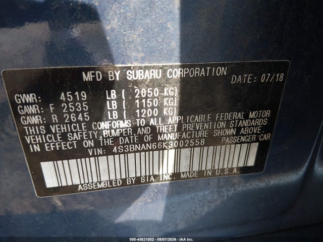 Продажа на аукционе авто 2019 Subaru Legacy 2.5i Limited, vin: 4S3BNAN66K3002558, номер лота: 45821002