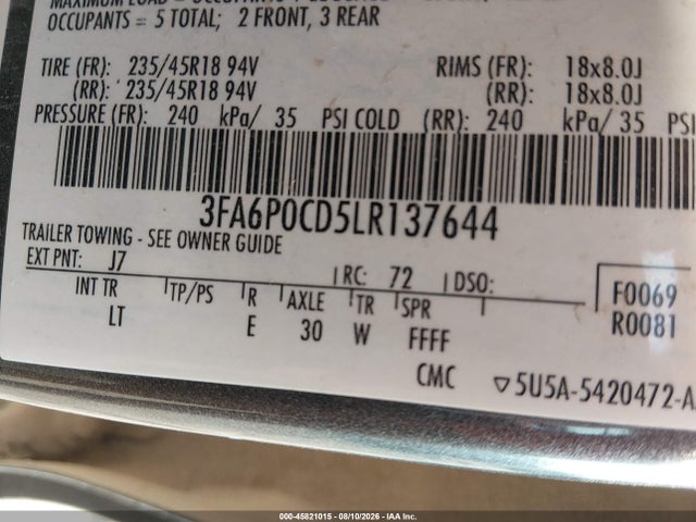 Ford FUSION SEL 2020 3FA6P0CD5LR137644 Image 9