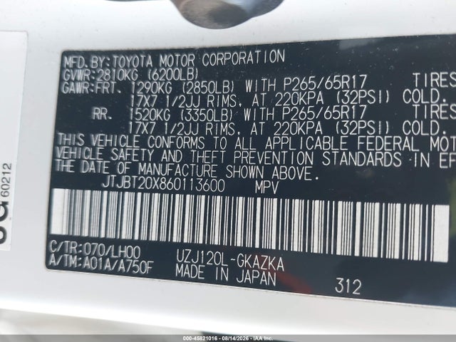 Aukcja sprzedaży 2006 Lexus Gx 470, vin: JTJBT20X860113600, numer aukcji: 45821016