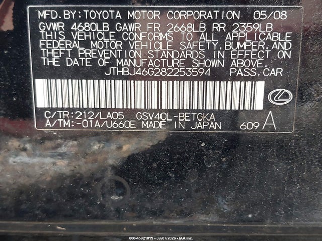 Aukcja sprzedaży 2008 Lexus Es 350, vin: JTHBJ46G282253594, numer aukcji: 45821019