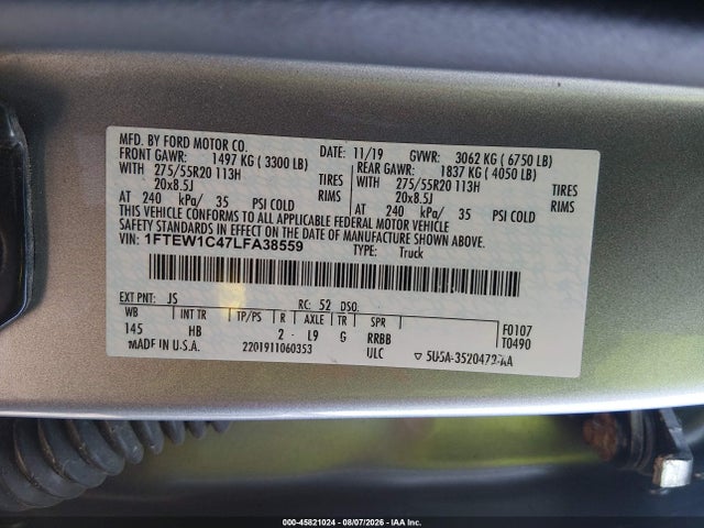 45821024 :رقم المزاد ، 1FTEW1C47LFA38559 vin ، 2020 Ford F-150 Lariat مزاد بيع