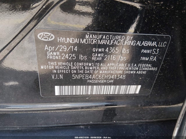 Aukcja sprzedaży 2014 Hyundai Sonata Gls, vin: 5NPEB4AC6EH941348, numer aukcji: 45821039