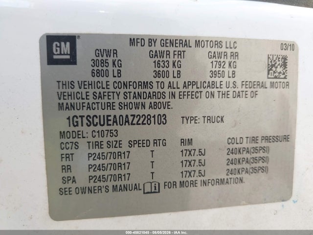 Aukcja sprzedaży 2010 Gmc Sierra 1500 Sl, vin: 1GTSCUEA0AZ228103, numer aukcji: 45821045