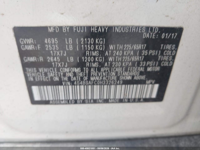 Aukcja sprzedaży 2017 Subaru Outback 2.5i Premium, vin: 4S4BSAFC0H3326249, numer aukcji: 45821051