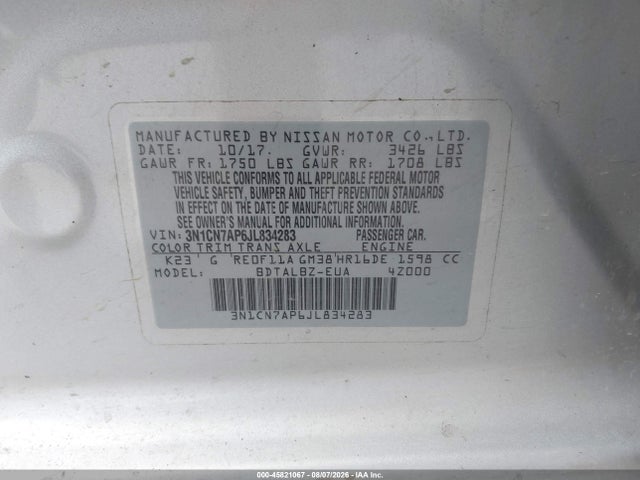Продаж на аукціоні авто 2018 Nissan Versa 1.6 Sv, vin: 3N1CN7AP6JL834283, номер лоту: 45821067