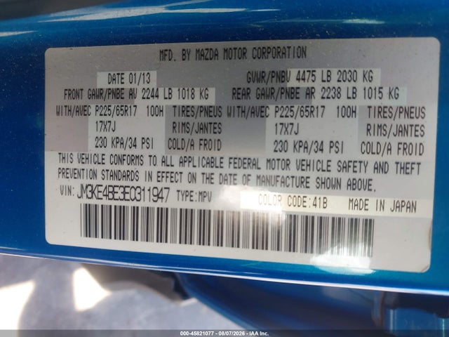 45821077 :رقم المزاد ، JM3KE4BE3E0311947 vin ، 2014 Mazda Cx-5 Sport مزاد بيع