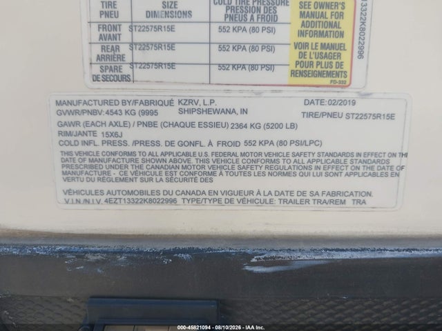 Venture Travel Trailer 2019 4EZT13322K8022996 Image 9