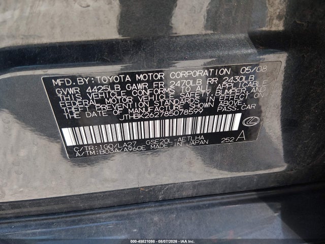 45821098 :رقم المزاد ، JTHBK262785078599 vin ، 2008 Lexus Is 250 مزاد بيع