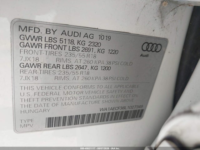 Aukcja sprzedaży 2020 Audi Q3 Premium 45 Tfsi Quattro Tiptronic, vin: WA1AECF38L1027349, numer aukcji: 45821117