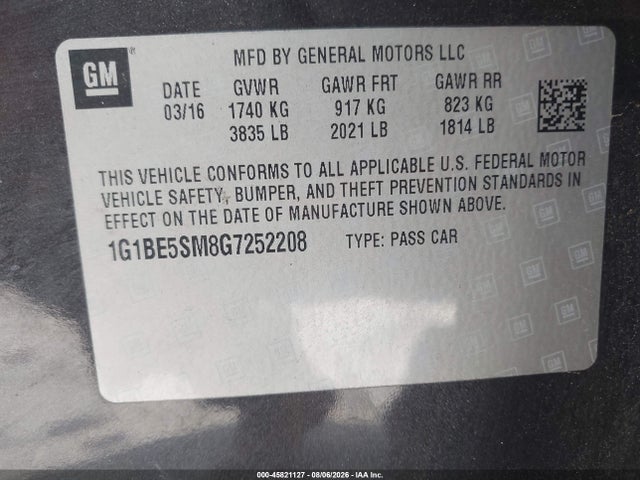 2016 Chevrolet Cruze Lt Auto მანქანა იყიდება აუქციონზე, vin: 1G1BE5SM8G7252208, აუქციონის ნომერი: 45821127