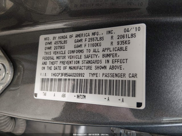 2010 Honda Accord 3.5 Ex-l მანქანა იყიდება აუქციონზე, vin: 1HGCP3F85AA020992, აუქციონის ნომერი: 45821141