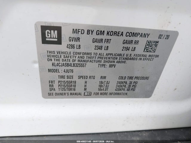 2020 Buick Encore Fwd Preferred მანქანა იყიდება აუქციონზე, vin: KL4CJASB4LB325557, აუქციონის ნომერი: 45821145