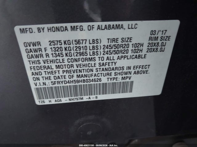 Aukcja sprzedaży 2017 Acura Mdx Technology Package, vin: 5FRYD4H59HB034626, numer aukcji: 45821150