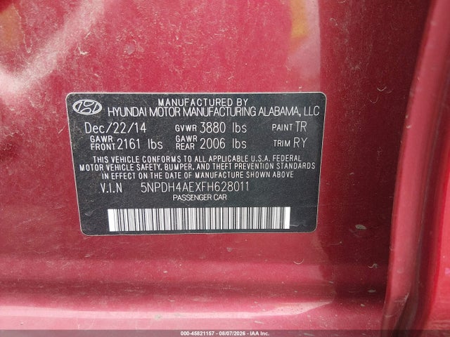 45821157 :رقم المزاد ، 5NPDH4AEXFH628011 vin ، 2015 Hyundai Elantra Limited مزاد بيع