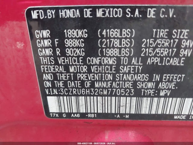 Aukcja sprzedaży 2016 Honda Hr-v Lx, vin: 3CZRU6H32GM770523, numer aukcji: 45821159