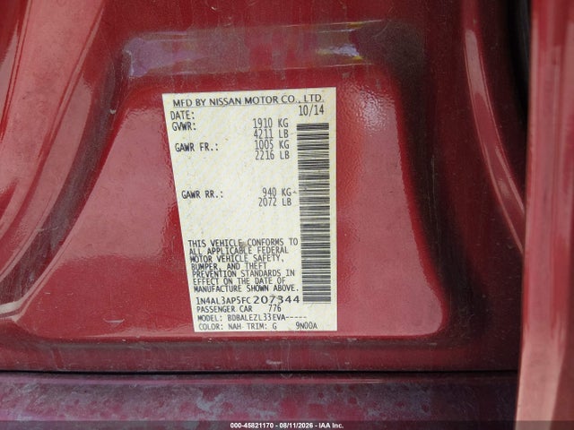 2015 Nissan Altima 2.5 S მანქანა იყიდება აუქციონზე, vin: 1N4AL3AP5FC207344, აუქციონის ნომერი: 45821170