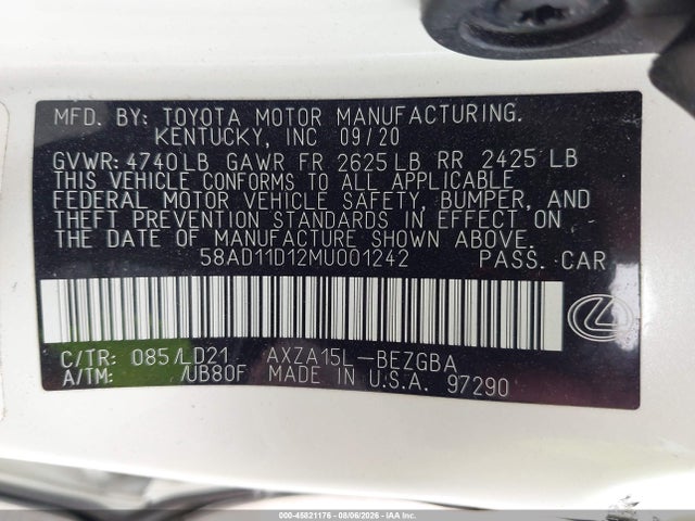 Aukcja sprzedaży 2021 Lexus Es 250, vin: 58AD11D12MU001242, numer aukcji: 45821176