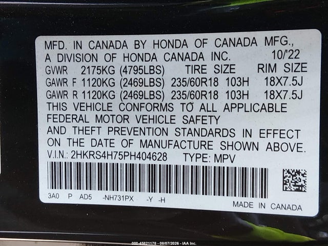 Продажа на аукционе авто 2023 Honda Cr-v Ex-l Awd, vin: 2HKRS4H75PH404628, номер лота: 45821178