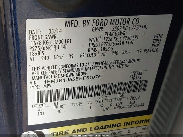 45821181 :رقم المزاد ، 1FMJK1J55EEF51075 vin ، 2014 Ford Expedition El Xlt مزاد بيع