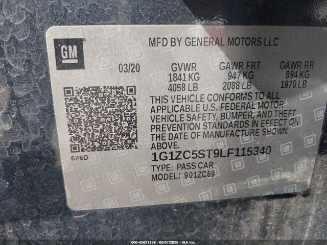 45821196 :رقم المزاد ، 1G1ZC5ST9LF115340 vin ، 2020 Chevrolet Malibu Fwd 1fl مزاد بيع