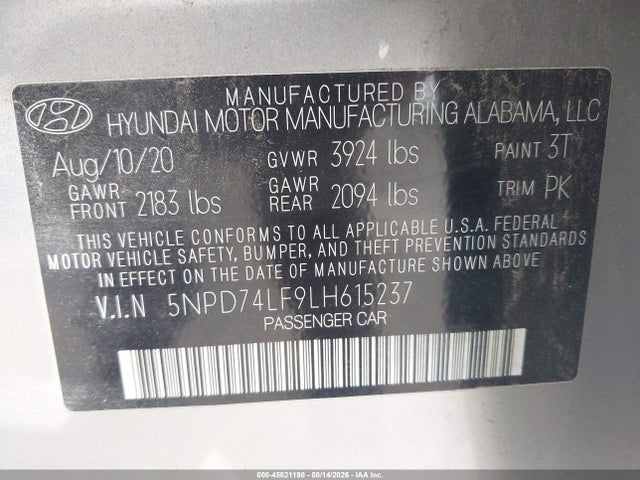 Продажа на аукционе авто 2020 Hyundai Elantra Se, vin: 5NPD74LF9LH615237, номер лота: 45821198