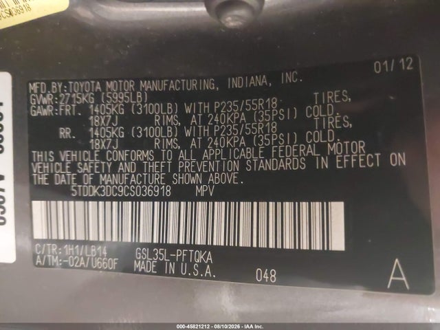 2012 Toyota Sienna Xle 7 Passenger მანქანა იყიდება აუქციონზე, vin: 5TDDK3DC9CS036918, აუქციონის ნომერი: 45821212
