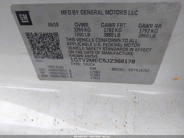 45821257 :رقم المزاد ، 1GTV2MEC5JZ368178 vin ، 2018 Gmc Sierra 1500 Sle مزاد بيع