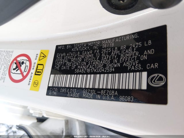 Продаж на аукціоні авто 2019 Lexus Es 350, vin: 58ABZ1B17KU042594, номер лоту: 45821261