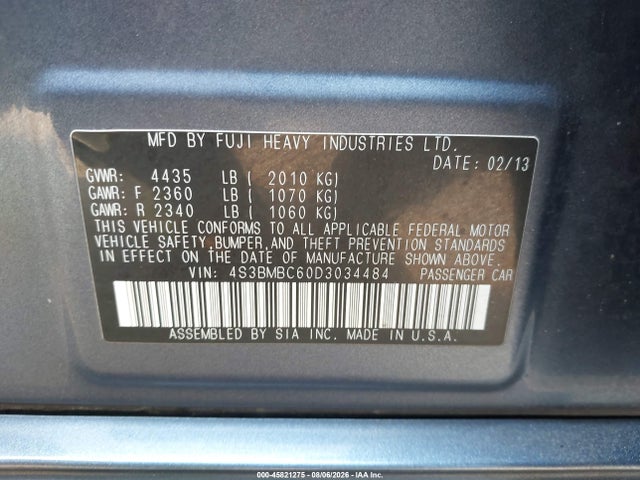 45821275 :رقم المزاد ، 4S3BMBC60D3034484 vin ، 2013 Subaru Legacy 2.5i Premium مزاد بيع