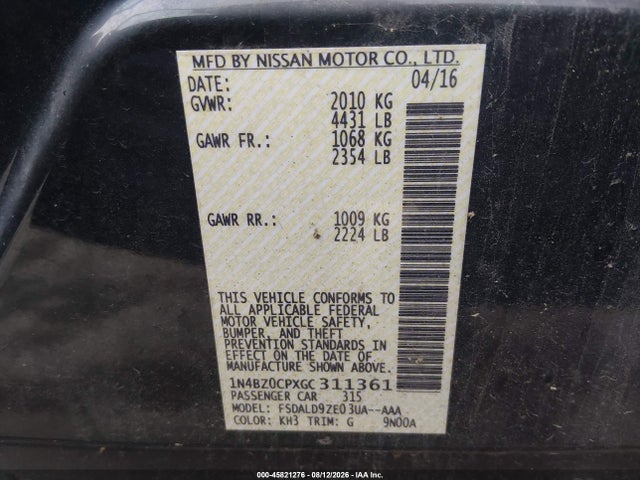 Продажа на аукционе авто 2016 Nissan Leaf Sv, vin: 1N4BZ0CPXGC311361, номер лота: 45821276