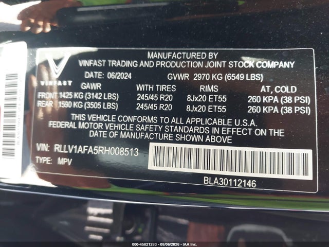 Продаж на аукціоні авто 2024 Vinfast Vf 8 Plus, vin: RLLV1AFA5RH008513, номер лоту: 45821283