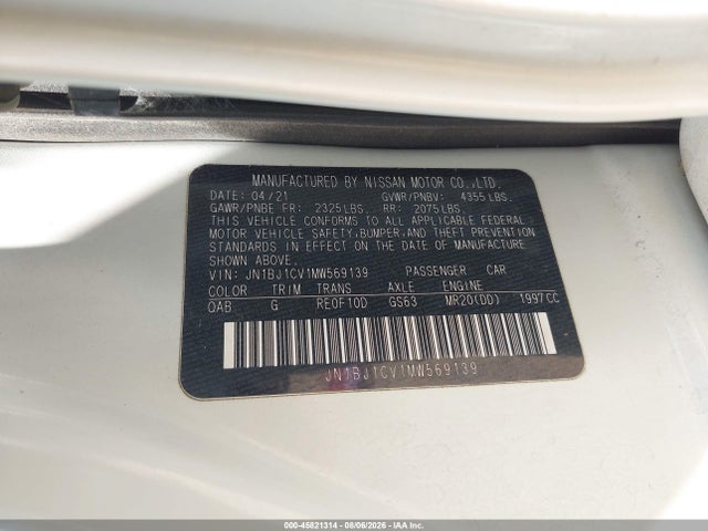 Aukcja sprzedaży 2021 Nissan Rogue Sport Sl Fwd Xtronic Cvt, vin: JN1BJ1CV1MW569139, numer aukcji: 45821314