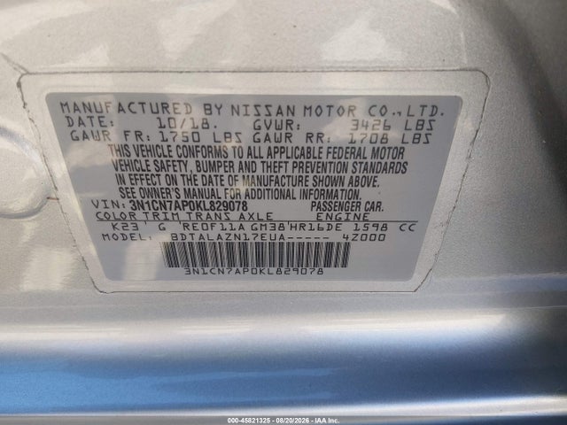 2019 Nissan Versa 1.6 S+ მანქანა იყიდება აუქციონზე, vin: 3N1CN7AP0KL829078, აუქციონის ნომერი: 45821325