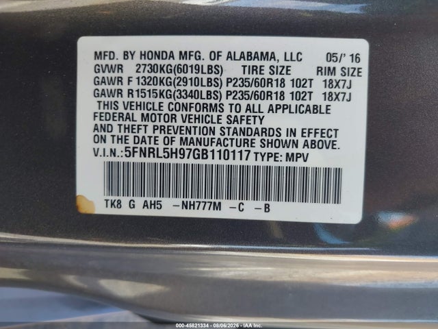 5FNRL5H97GB110117 Honda Odyssey Touring/touring Elite