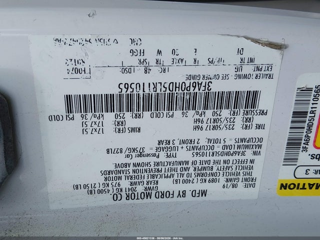 45821338 :رقم المزاد ، 3FA6P0HD5LR110565 vin ، 2020 Ford Fusion Se مزاد بيع